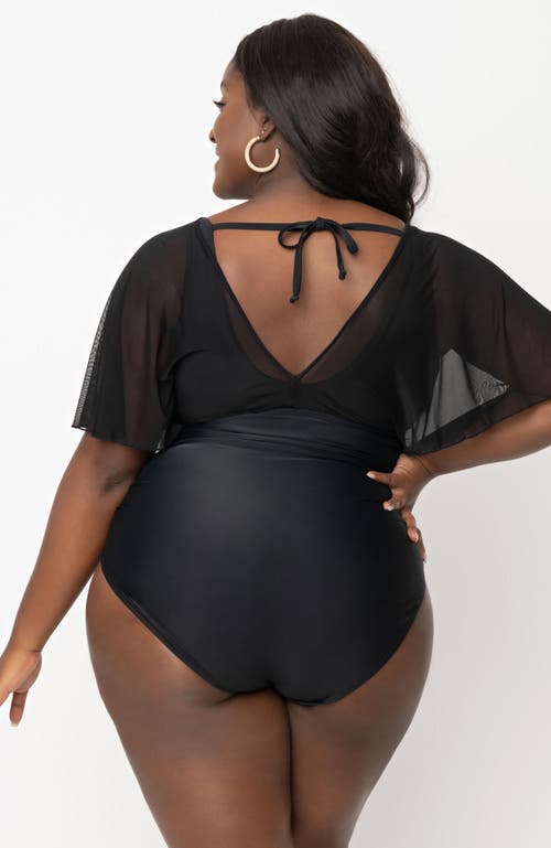 Shop Unique Vintage Plus Size Mesh Butterfly Sleeve Torrey One Piece Swimsuit In Black