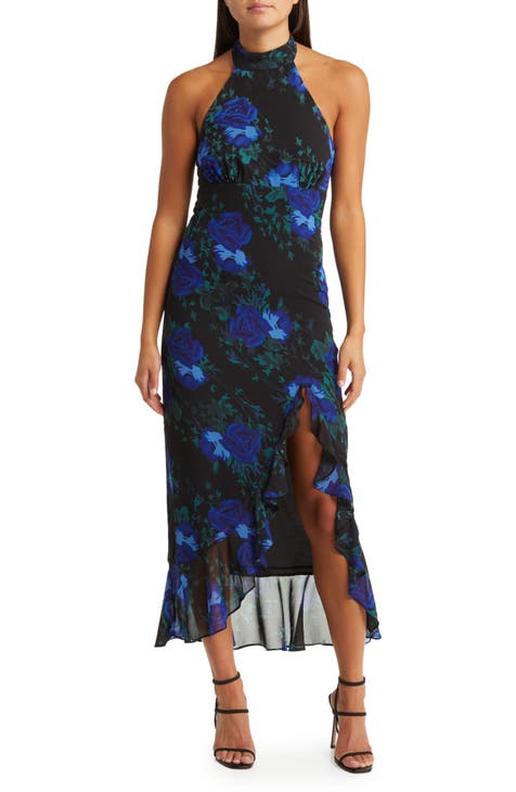 Inspire Romance Slate Blue Satin Cowl Neck Lace-Up Maxi Dress