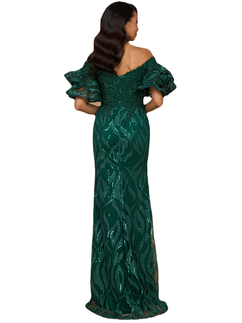 Shop Lara New York Off Shoulder Mermaid Beaded Gown With Tiered Sleeves In Green