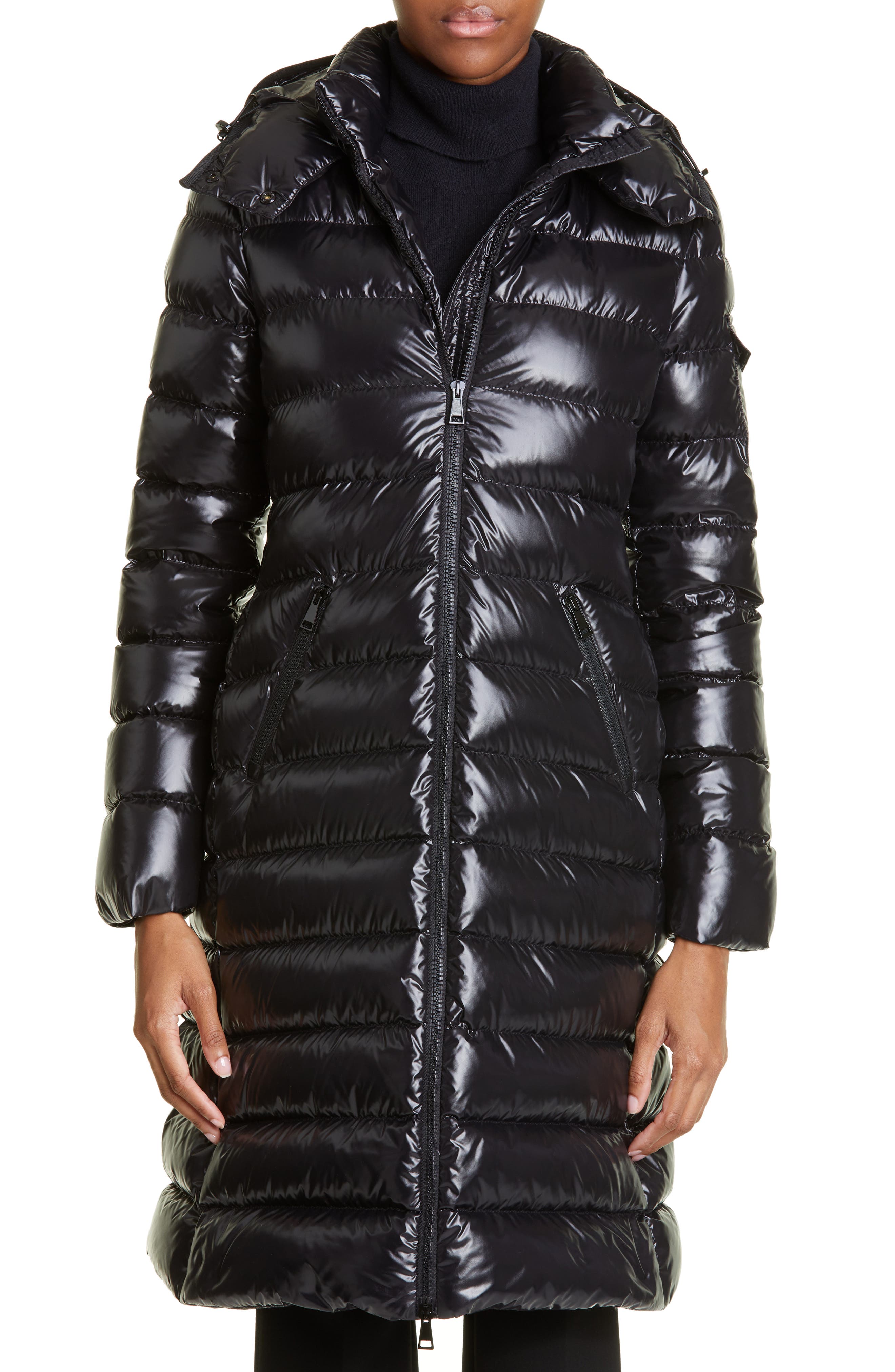 Womens Clothing Coats Long coats and winter coats Moncler Synthetic Black Down Belted Agot Coat 