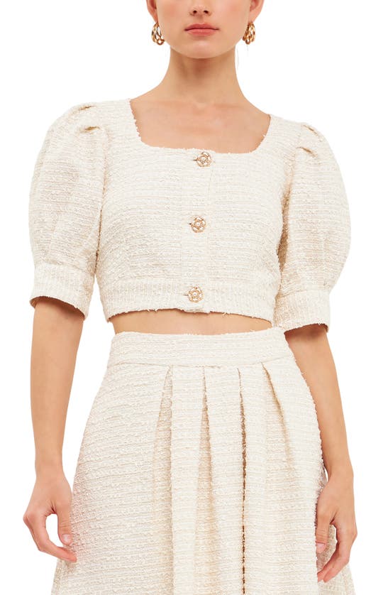 Shop Endless Rose Premium Puff Sleeve Tweed Crop Top In Ivory