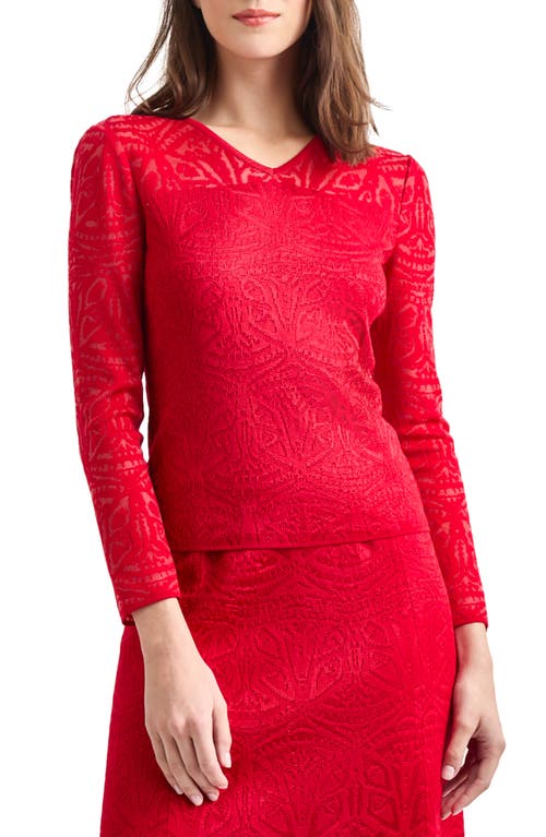 Misook Tonal Double V-Neck Burnout Knit Top in Rouge 