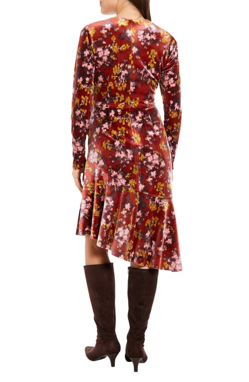 London Times Floral Long Sleeve Ruched Asymmetric Velour Dress In Red Multi