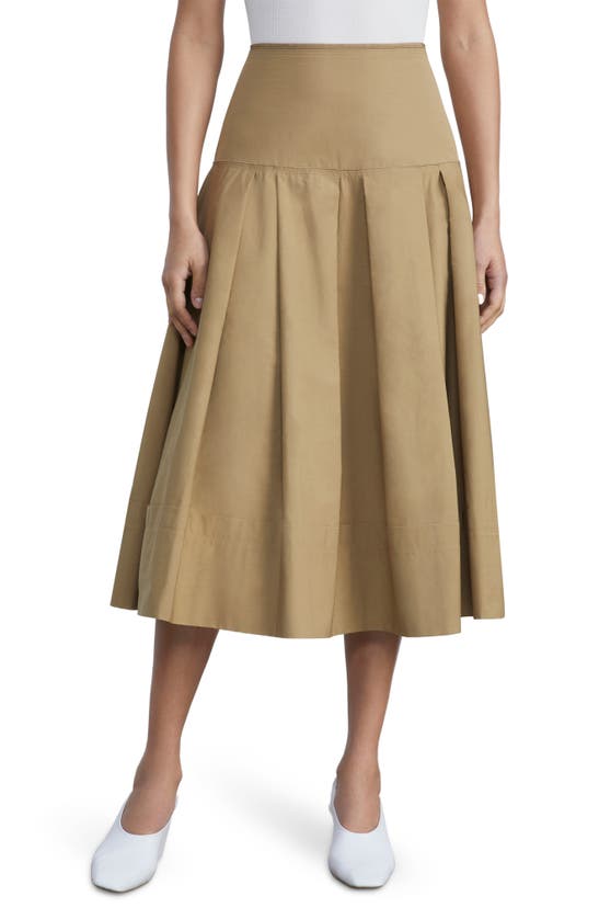 Lafayette 148 Pleated Organic Cotton Poplin Midi Skirt In Cadet Khaki