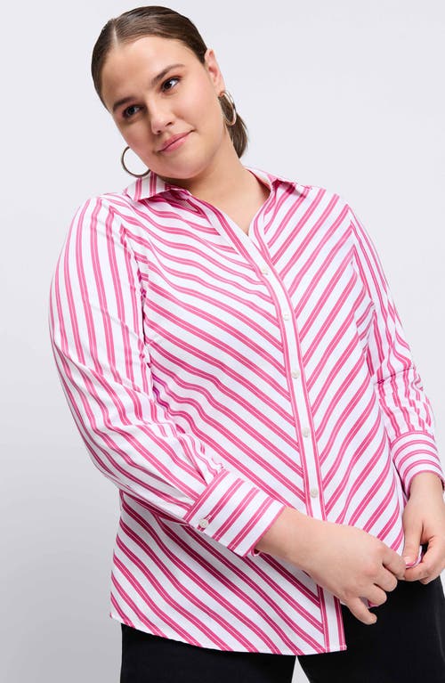 Shop Foxcroft Mary Stripe Stretch Button-up Shirt In Ruby Pink/white