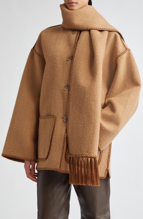 Shop Totême Toteme Chain Stitch Wool Blend Scarf Jacket In Camel