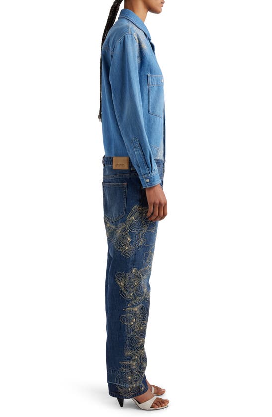 Shop Isabel Marant Imane Embroidered Two-tone Long Sleeve Denim Jumpsuit In Blue