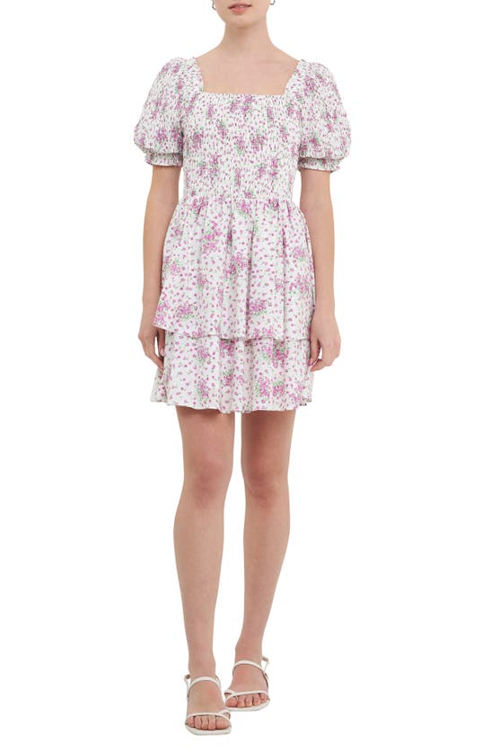 Shop English Factory Floral Puff Sleeve Tiered Fit & Flare Minidress In Lilac