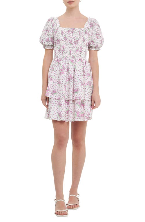 English Factory Floral Puff Sleeve Tiered Fit & Flare Minidress Lilac at Nordstrom,