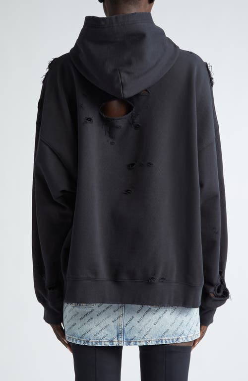 Shop Balenciaga Mirror Logo Oversized Ripped Hoodie In Faded Black/white