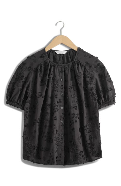 & Other Stories Floral Texture Front Button Cotton Top In Black Dark
