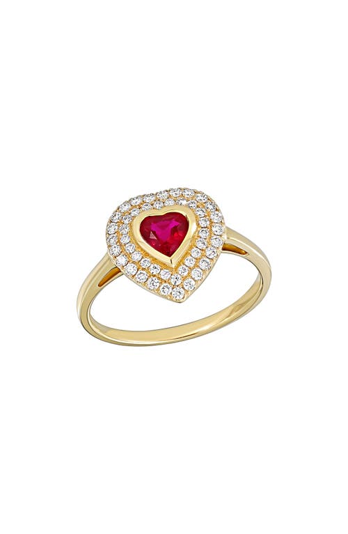 Ruby Heart & Diamond Halo Ring in 18K Yellow Gold
