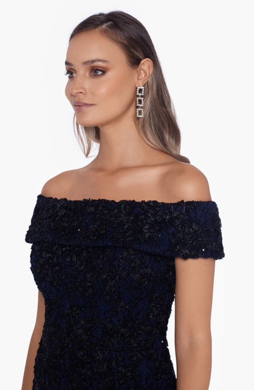 Shop Xscape Evenings Off The Shoulder Sequin Lace Trumpet Gown In Black/navy