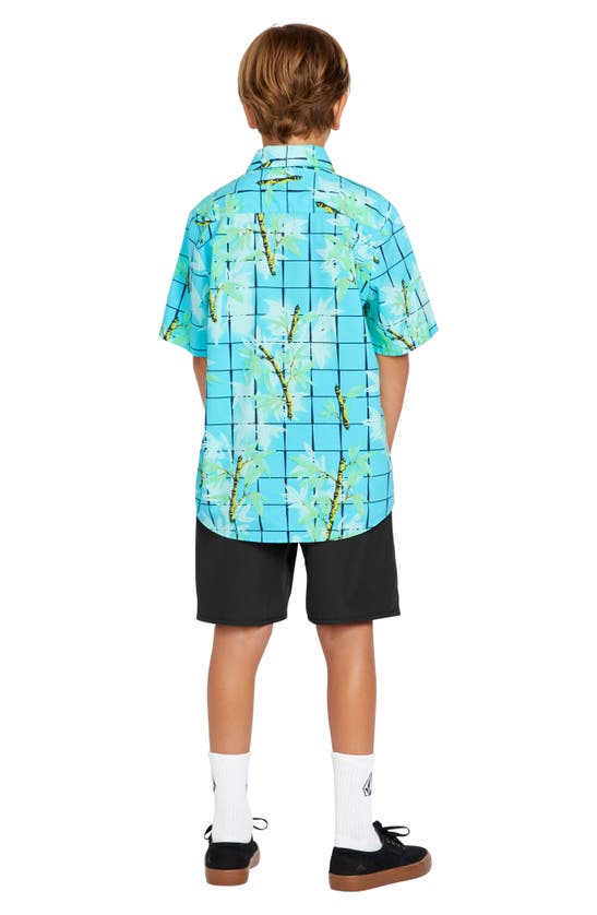 Shop Volcom Kids' Bamboozeled Print Short Sleeve Button-up Shirt In Clearwater