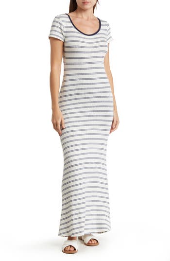 Shop Go Couture Stripe Short Sleeve Rib Maxi Dress In Ivory/navy Stripe