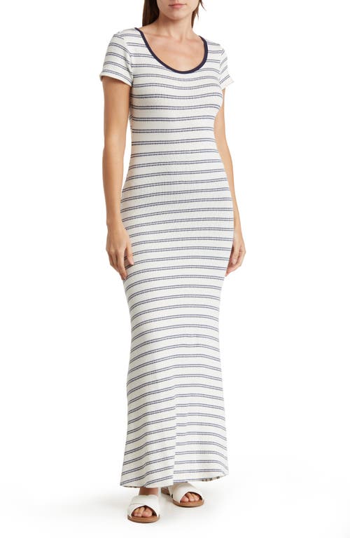 Shop Go Couture Stripe Short Sleeve Rib Maxi Dress In Ivory/navy Stripe