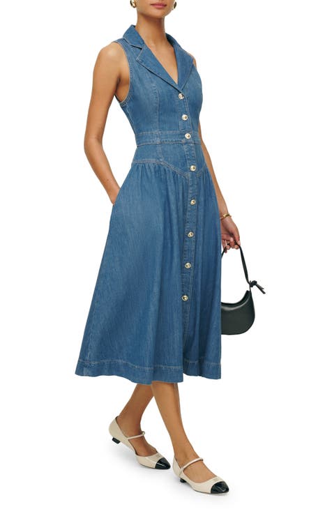 Ellison Sleeveless Button-Front Denim Midi Dress