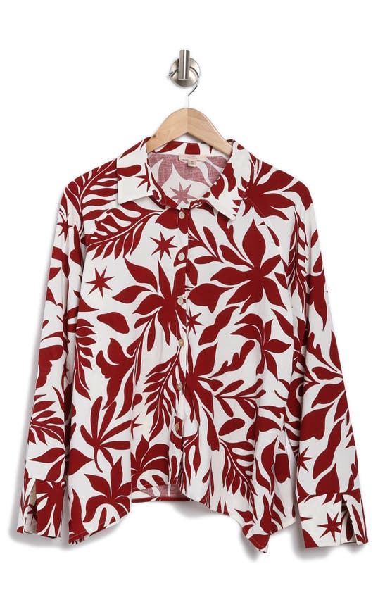 Shop Como Vintage Floral Print Button Front Shirt In Cloud Dancer/ Sun Dried Tomato