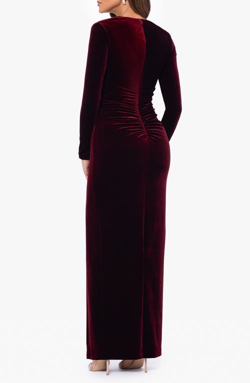 Shop Xscape Evenings Long Sleeve Stretch Velvet Gown In Burgundy