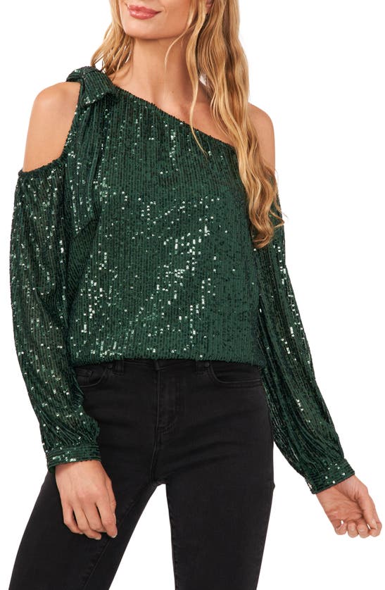 Cece Womens Sequined One Shoulder Blouse In Green