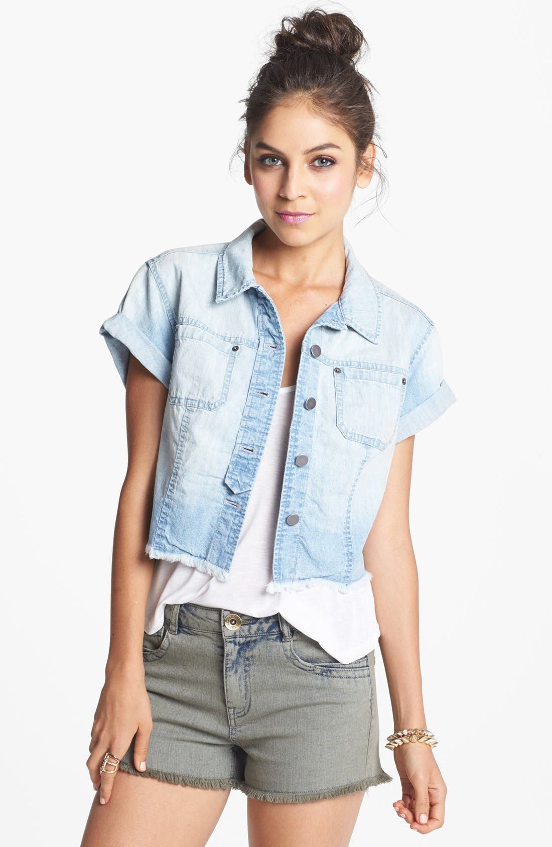 Rubbish?? Short Sleeve Denim Shirt (Juniors) Nordstrom