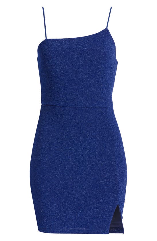 Shop Lulus Take Me Anywhere Asymmetric Neck Sparkle Knit Minidress In Cobalt Blue