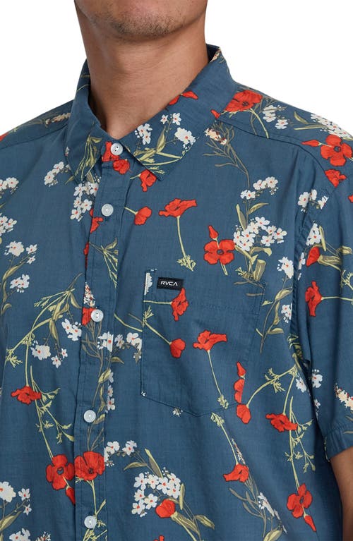 Shop Rvca Botanical Print Short Sleeve Button-up Shirt In Duck Blue