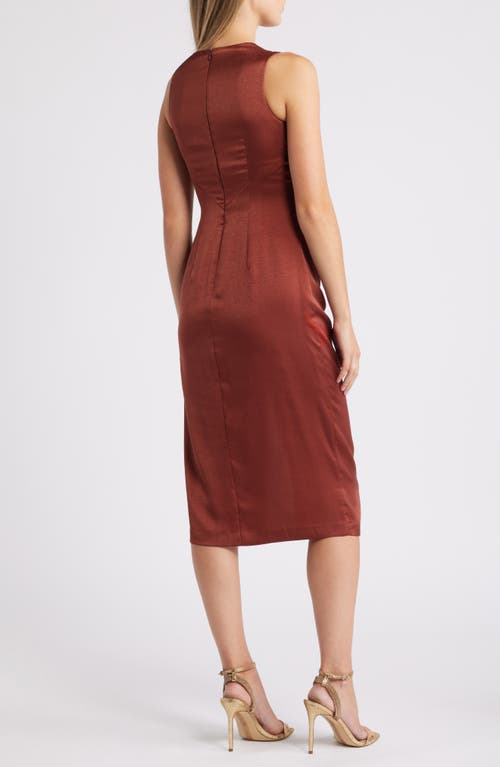 Shop Vince Camuto Ruffle Detail Sleeveless Satin Sheath Midi Dress In Brown