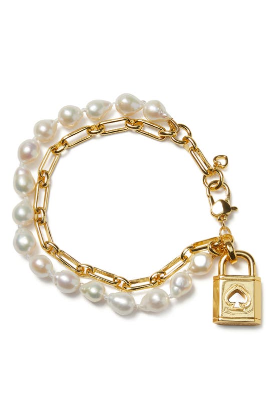 Kate Spade Genuine Freshwater Pearl Lock Charm Bracelet In Cream Multi