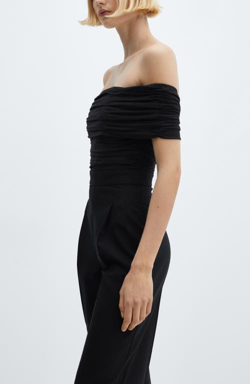 Mango Off-shoulder Jumpsuit With Gathered Detail Black In Black