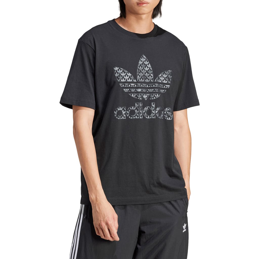 Adidas Originals Mono Trefoil Logo Graphic T-shirt In Black/grey Five