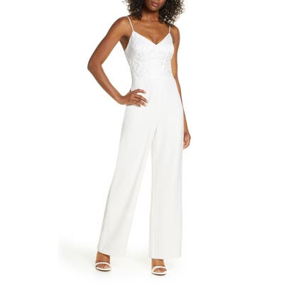 Eliza J Jacquard Wide Leg Sleeveless Jumpsuit, Ivory