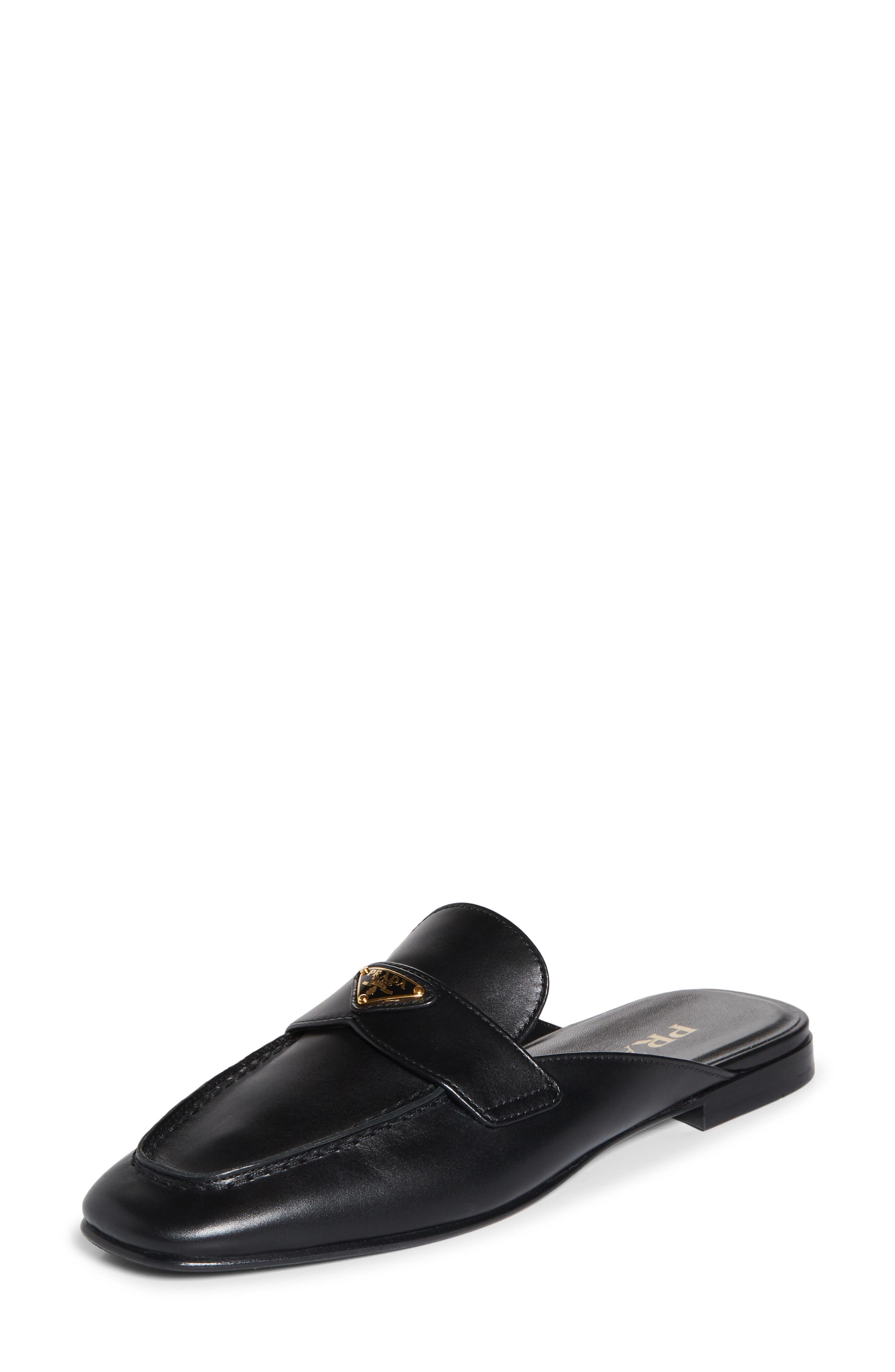 Prada Triangle Logo Leather Flat Mules In Black