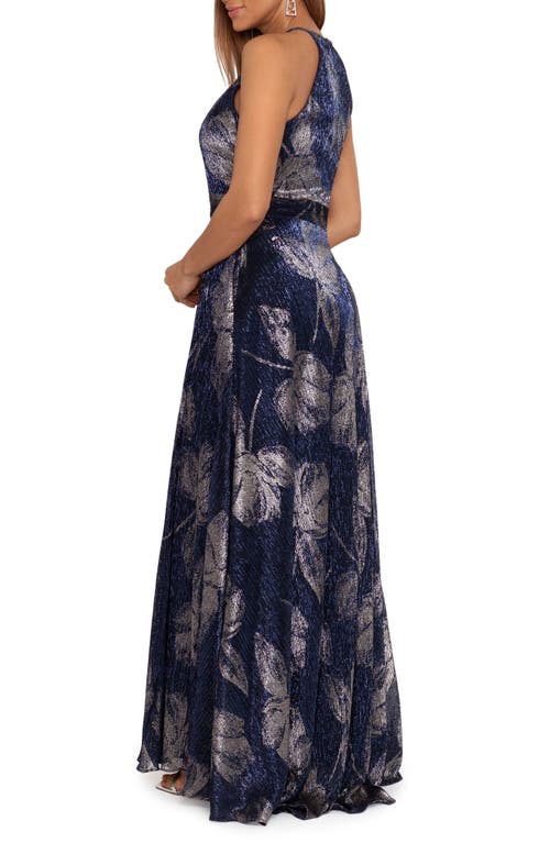 Shop Betsy & Adam Metallic Sleeveless Gown In Navy/gun