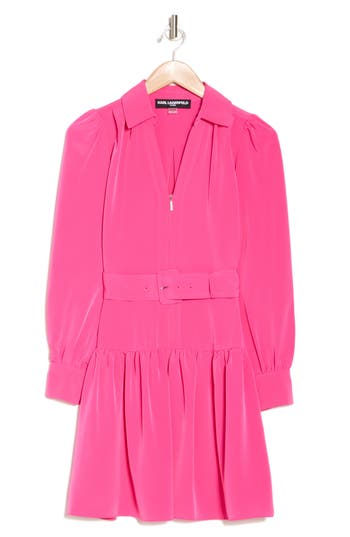 Karl Lagerfeld Paris Long Sleeve Silky Crepe Mini Shirtdress In Pink