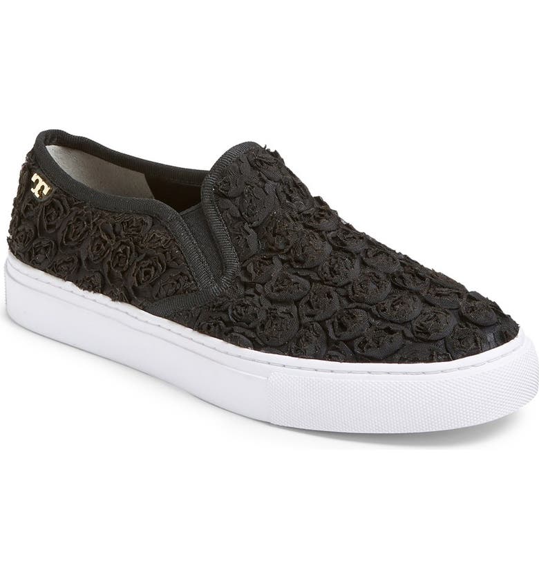 TORY BURCH 'Rosette' Slip-On Sneaker, Main, color, BLACK FABRIC