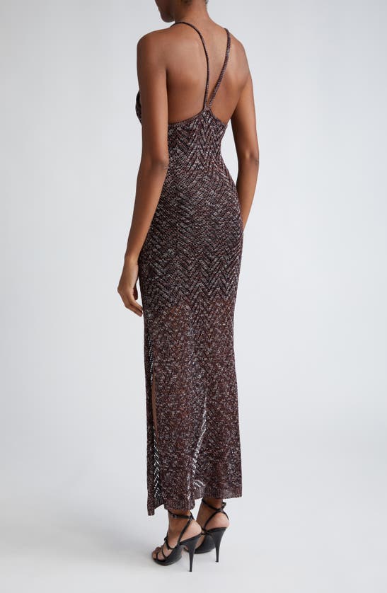 Shop Missoni Scoop Neck Sleeveless Metallic Knit Chevron Maxi Dress In Brown Tones Space-dyed