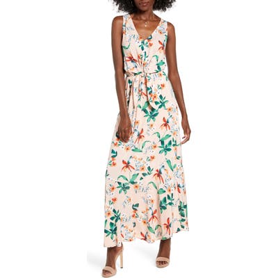 All In Favor Floral Tie Front Sleeveless Maxi Dress, Pink