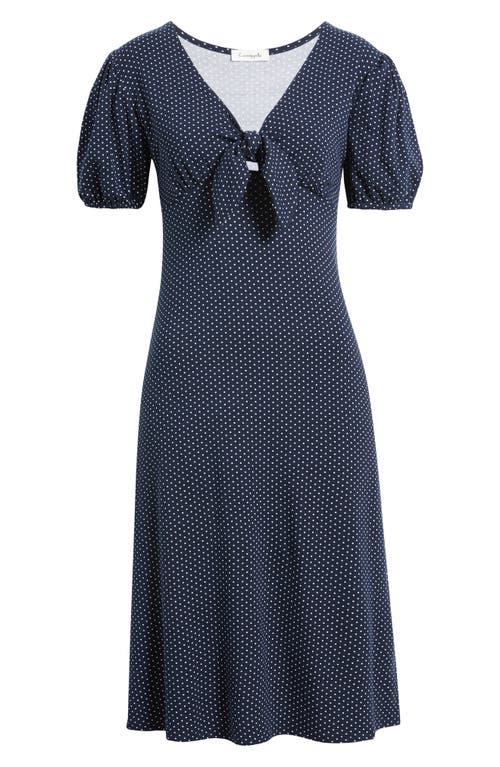 Shop Loveappella Polka Dot Puff Sleeve Midi Dress In Navy/white