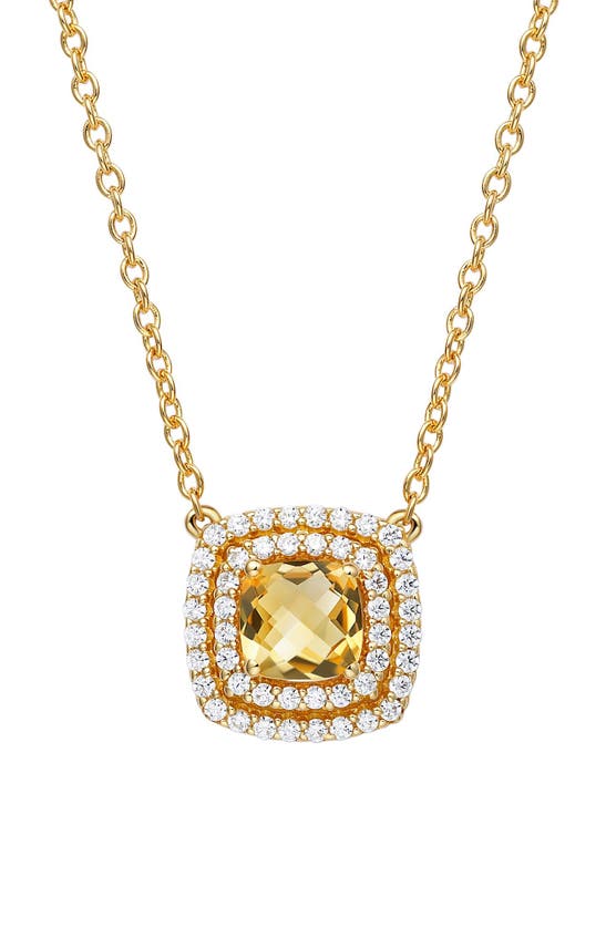 Lafonn Citrine & Simulated Diamond Double Halo Cushion Pendant Necklace In Gold