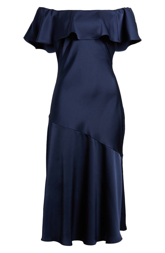 Sam Edelman Off The Shoulder A-line Satin Midi In Navy