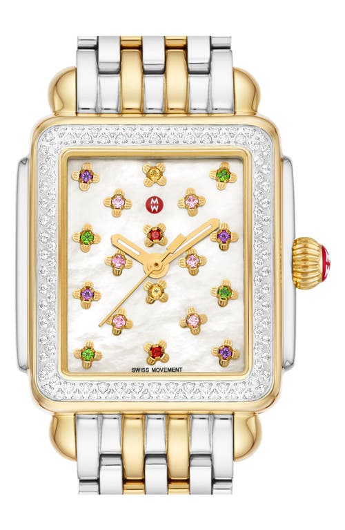 Shop Michele Deco Mid Fleur Diamond Special Edition Bracelet Watch, 29mm X 31mm In Two Tone/multi