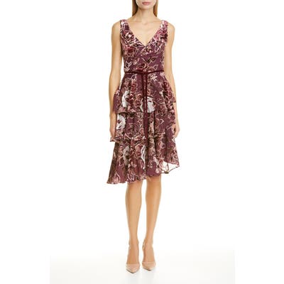 Marchesa Notte Floral Tiered Velvet Cocktail Dress, Burgundy