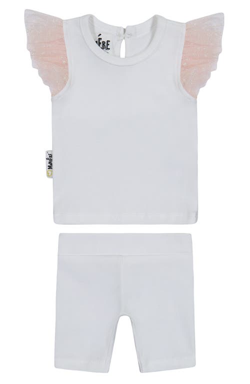Manière Glitter Mesh Top & Shorts Set in White/Mauve at Nordstrom, Size 3M