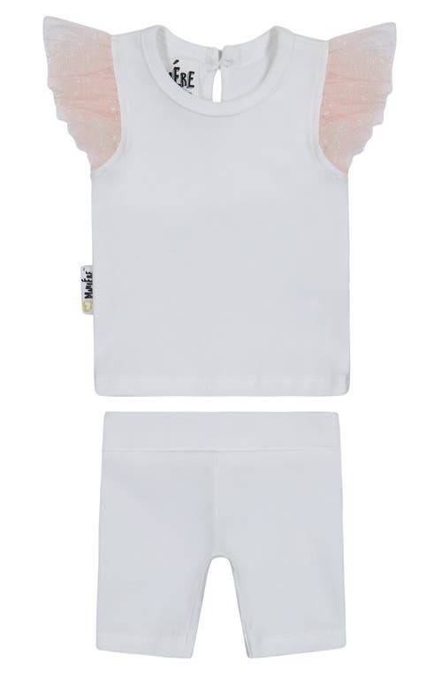 Maniere Babies' Manière Glitter Mesh Top & Shorts Set In White/mauve