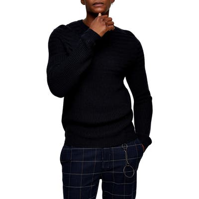Topman Mixed Stitch Crewneck Sweater, Blue