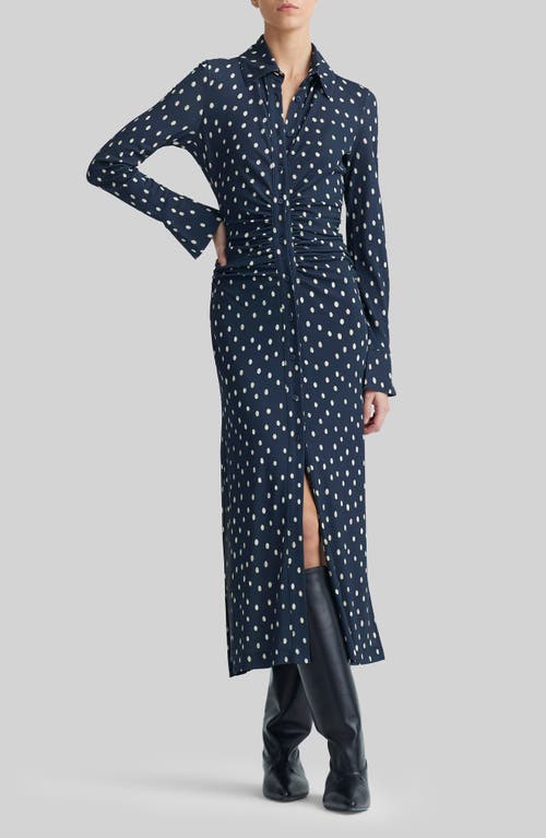 Claudia Polka Dot Ruched Long Sleeve Jersey Shirtdress in Nocturne Blue