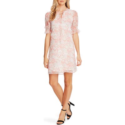 Cece Ditsy Blossom Puff Sleeve Chiffon Dress, Coral