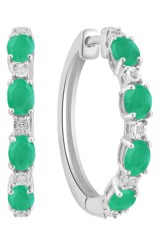 Effy Sterling Silver Emerald Diamond Hoop Earrings In Green