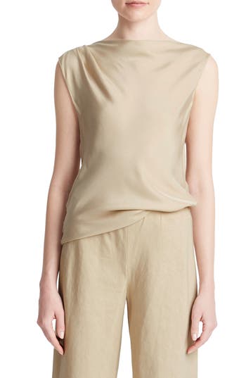 Vince Asymmetric Drape Cap-sleeve Blouse In Oat Sand